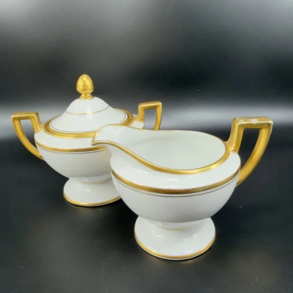 Antique Bavaria Tirschenreuth Fine Porcelain Sugar And Creamer Set Gold Trim VTG